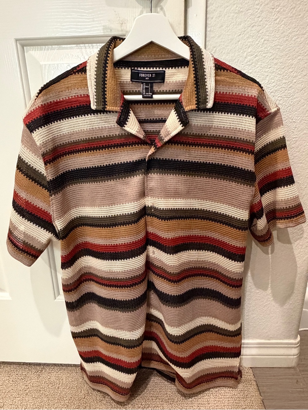 Forever 21 Men's Short Sleeve Polo - Brown, Tan, Cream, Red, Black Stripes